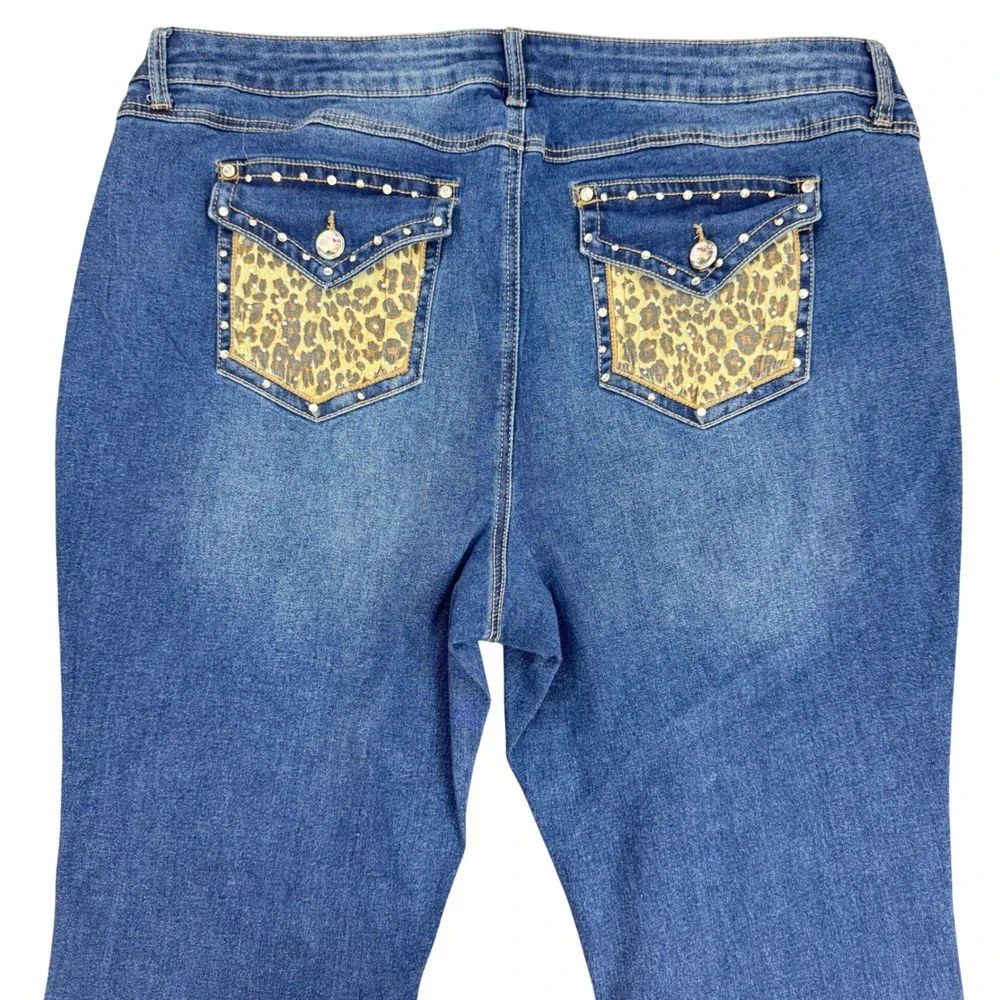 EST 1946 Denim Womens 20W Curvy‎ Bootcut Jeans Leopard Print Rhinestone Pockets